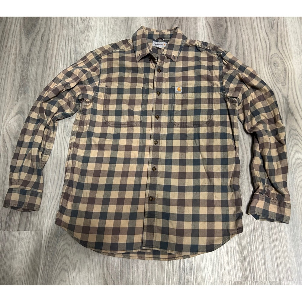 Carhartt Mens Relaxed Fit Flannel Plaid Button Down Shirt Cotton M Brown Tan